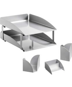 Desk Set - Modern Steel Range - Metal - Letter Tray - Business Card Holder - Pencil Cube and Cup - Silver - 411SI