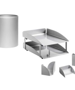 Desk Set - Modern Steel Range - Metal - Letter Tray - Waste Bin - Business Card Holder - Pencil Cube and Cup - Silver - 410SI