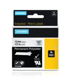 Dymo Original IND-Tape for Rhino, 12mm x 5.5m, Permanent Polyester, Black on Clear