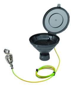 SCAT Funnel with lid "MARCO", V2.0, GL45, PE-HD electrostatic conductive, Ø 140 mm, with removable sieve and earthing cable