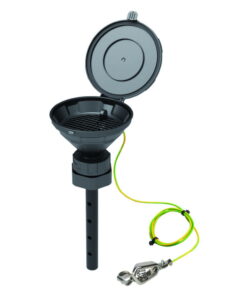 SCAT Funnel with lid "MARCO", V2.0, S65, 140 mm, PE-HD electrostatic conductive, with lance 220 mm, with removable sieve and earthing cable