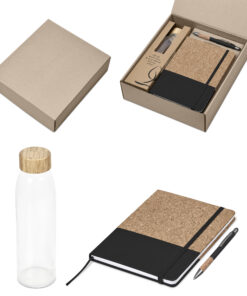 Ecological Gift Set – A glass bottle, cork notebook & bamboo ball pen