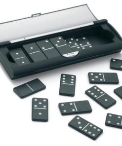 Domino game elegantly presented in plastic black case.