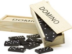 Domino game in a wooden box, with domino written on the lid. – A